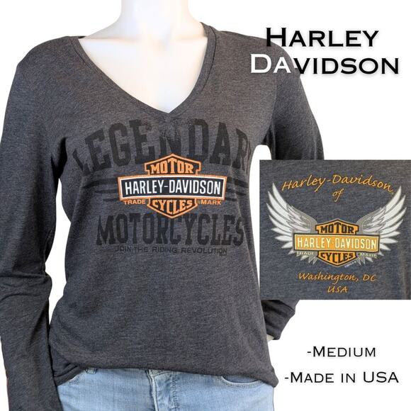 Harley Davidson Legendary Motorcycles Womens V‑Neck Tee Medium Long Sleeve Gray - Picture 1 of 12